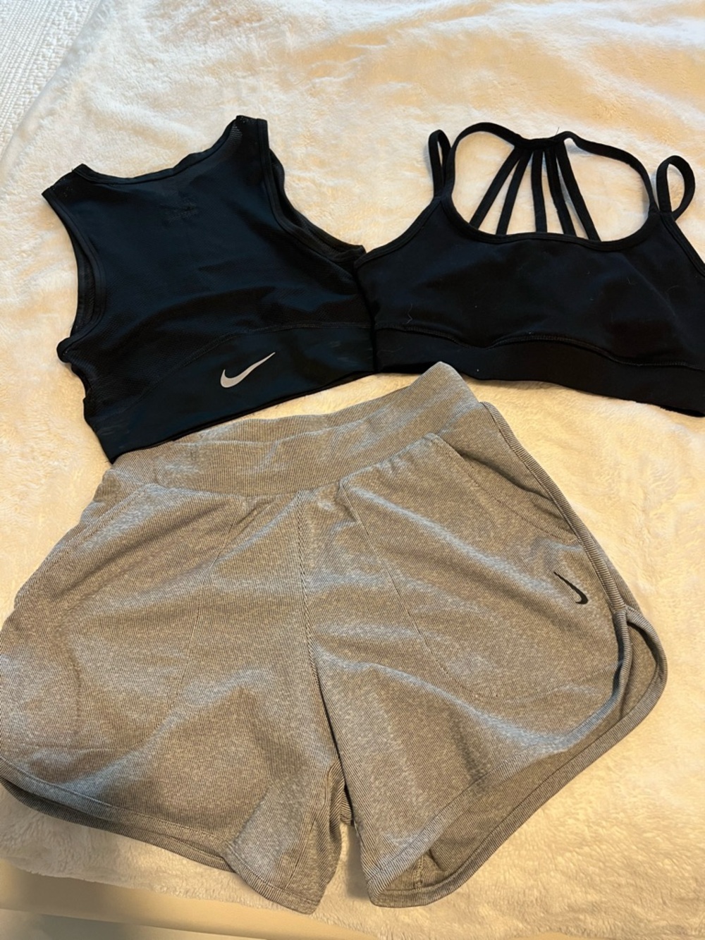 Nike Black Sports Bras with Gray Striped Shorts and gaiam sport bra